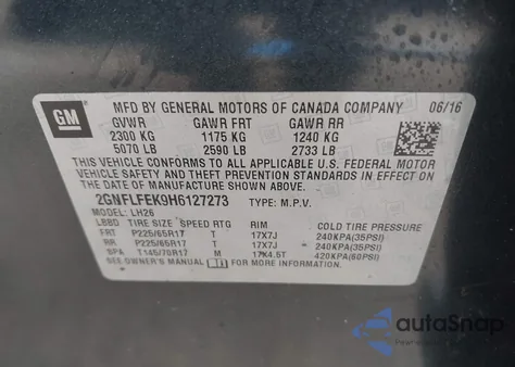 2017 Chevrolet Equinox Lt из США, поврежденный, VIN 2GNFLFEK9H6127273